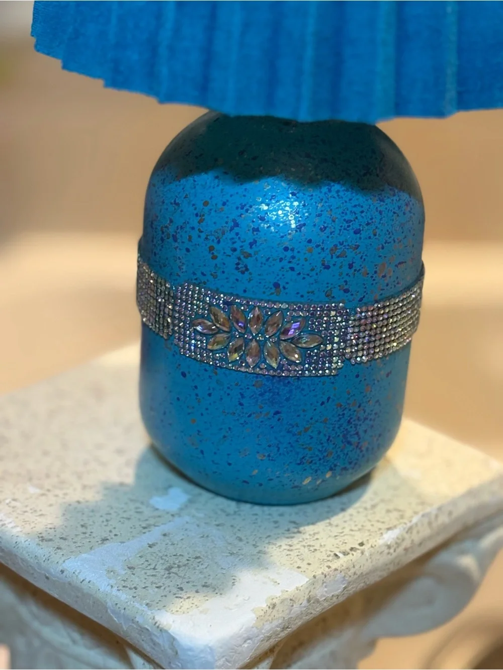 Vibrant Blue Table Lamp with Rhinestone accents w/bulb & shade FREE GIFT!